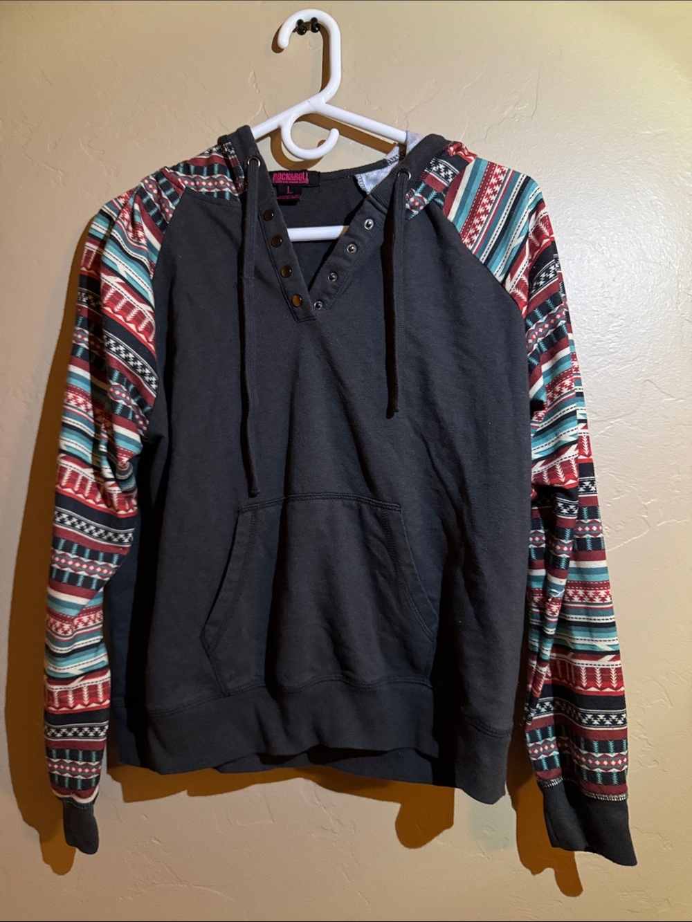 Black Hooded Pullover with Patterned Raglan Sleeves